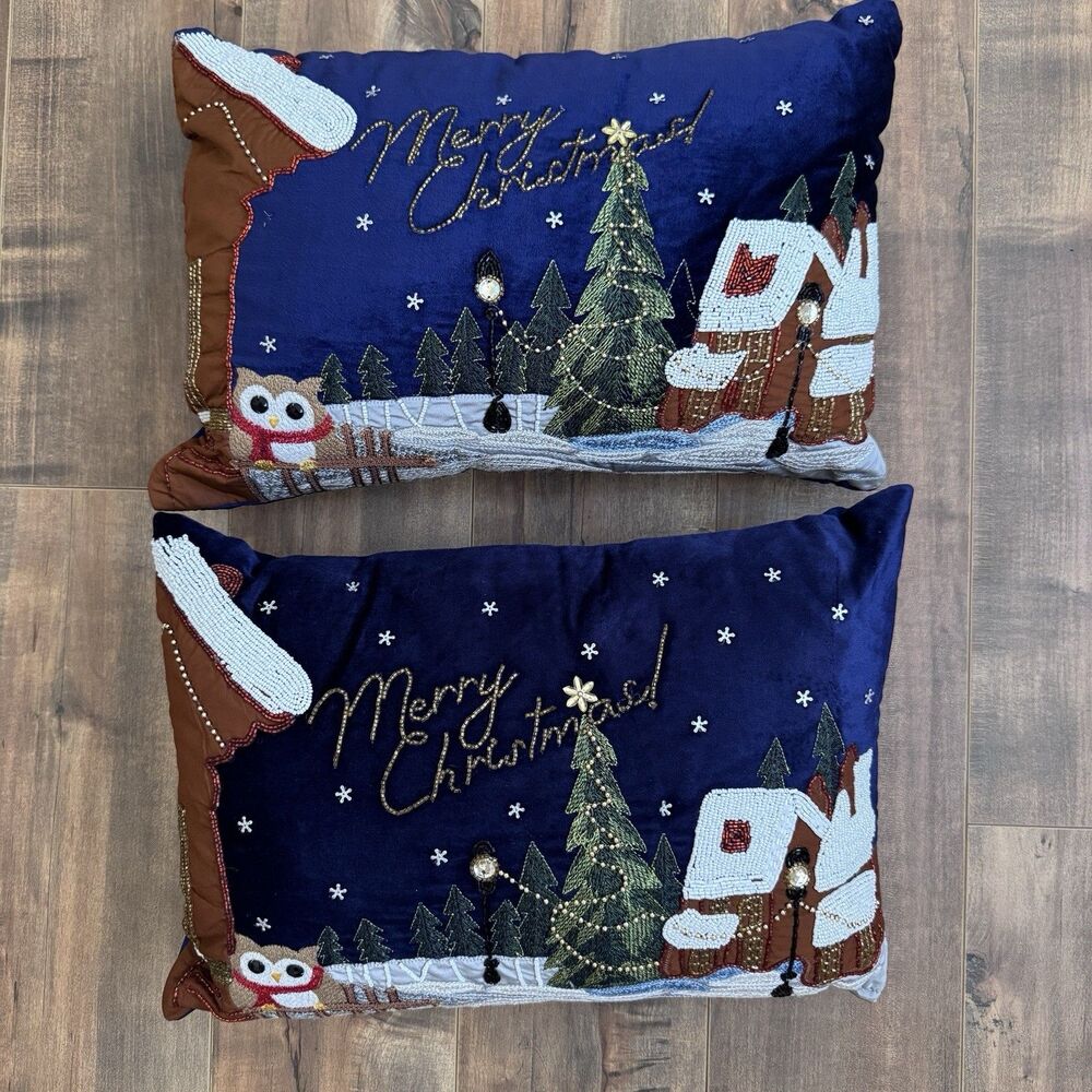 Pier 1 Beaded Merry Christmas Throw Pillow Set of 2 Owl & Winter Christmas Tree